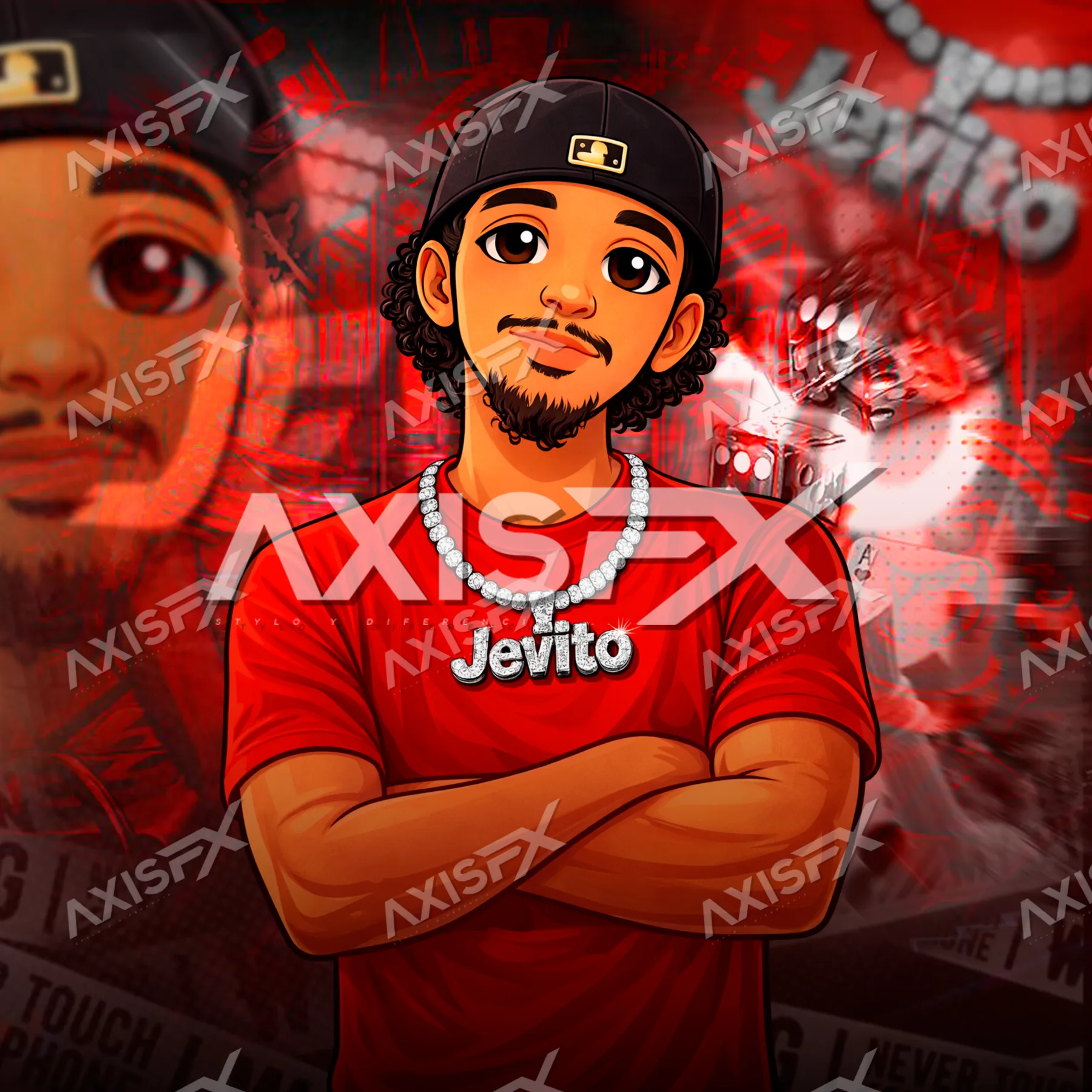 Ilustración de Jevito con camiseta roja sobre fondo rojo