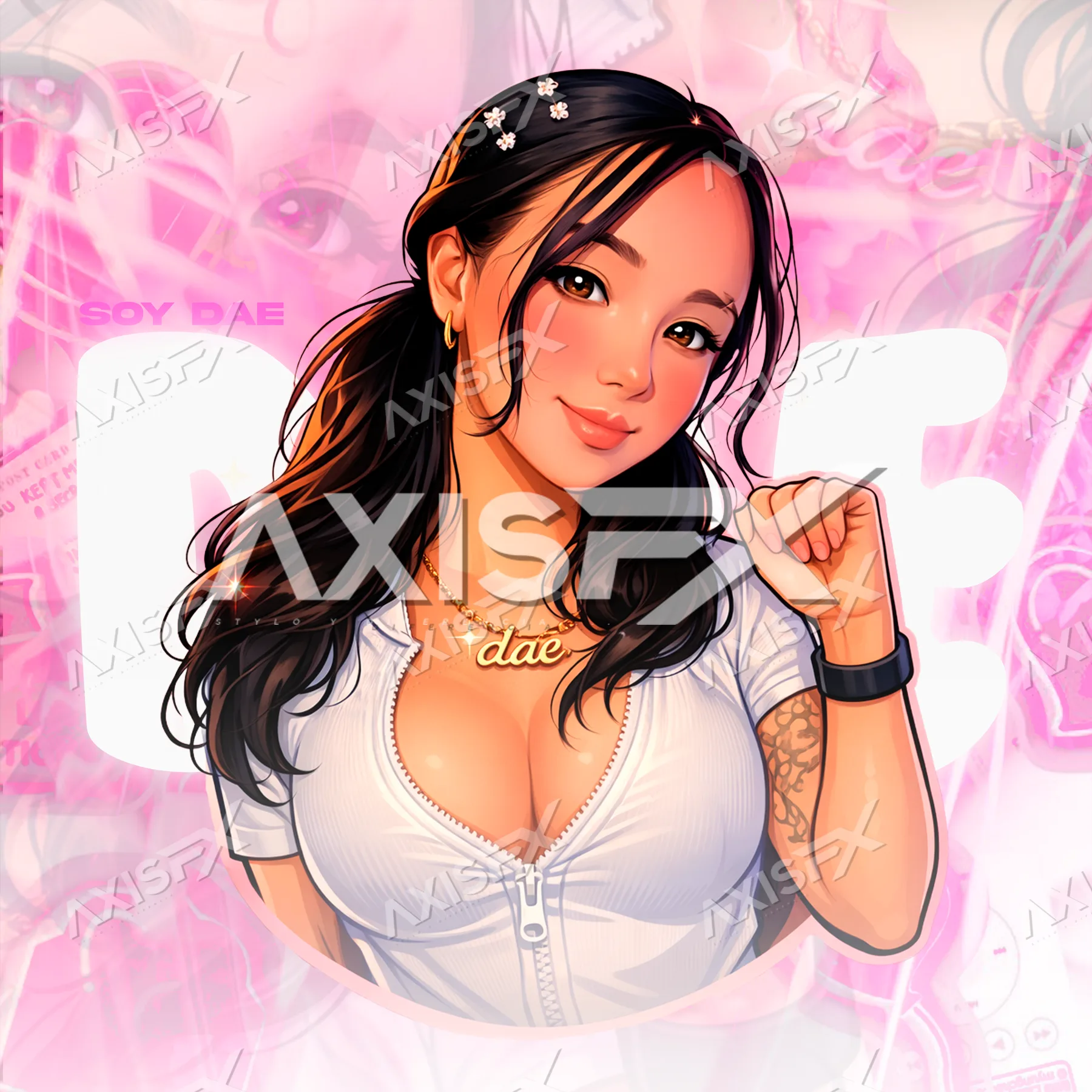 Ilustración de Soydaee con fondo rosa, foto de perfil del paquete para streamer